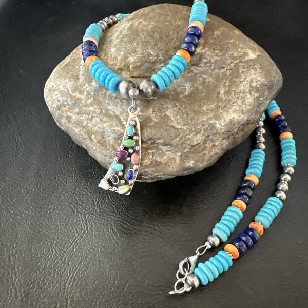Multicolor Turquoise Spiny Navajo Cluster Pendant Necklace | Sterling Silver | Authentic Native American Handmade | 19650