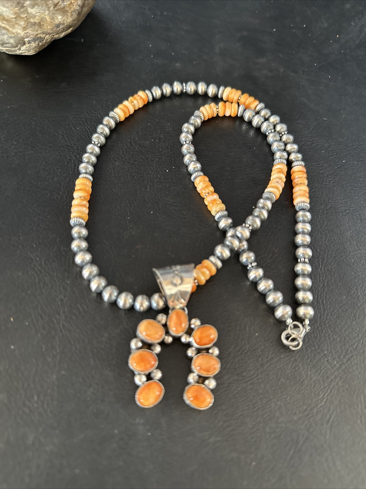 Orange Spiny Oyster Naja Pendant Navajo Pearls Sterling Silver Necklace 11346