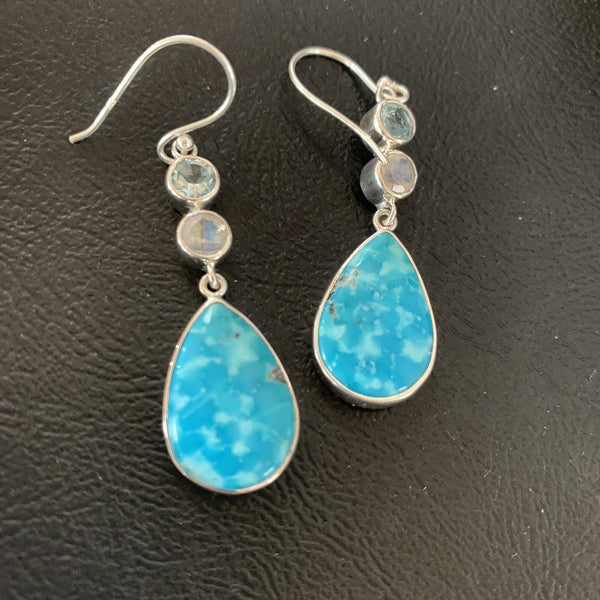 Women's Blue Kingman Turquoise Navajo Earrings | Sterling Silver | Authentic Native American Handmade | 12034