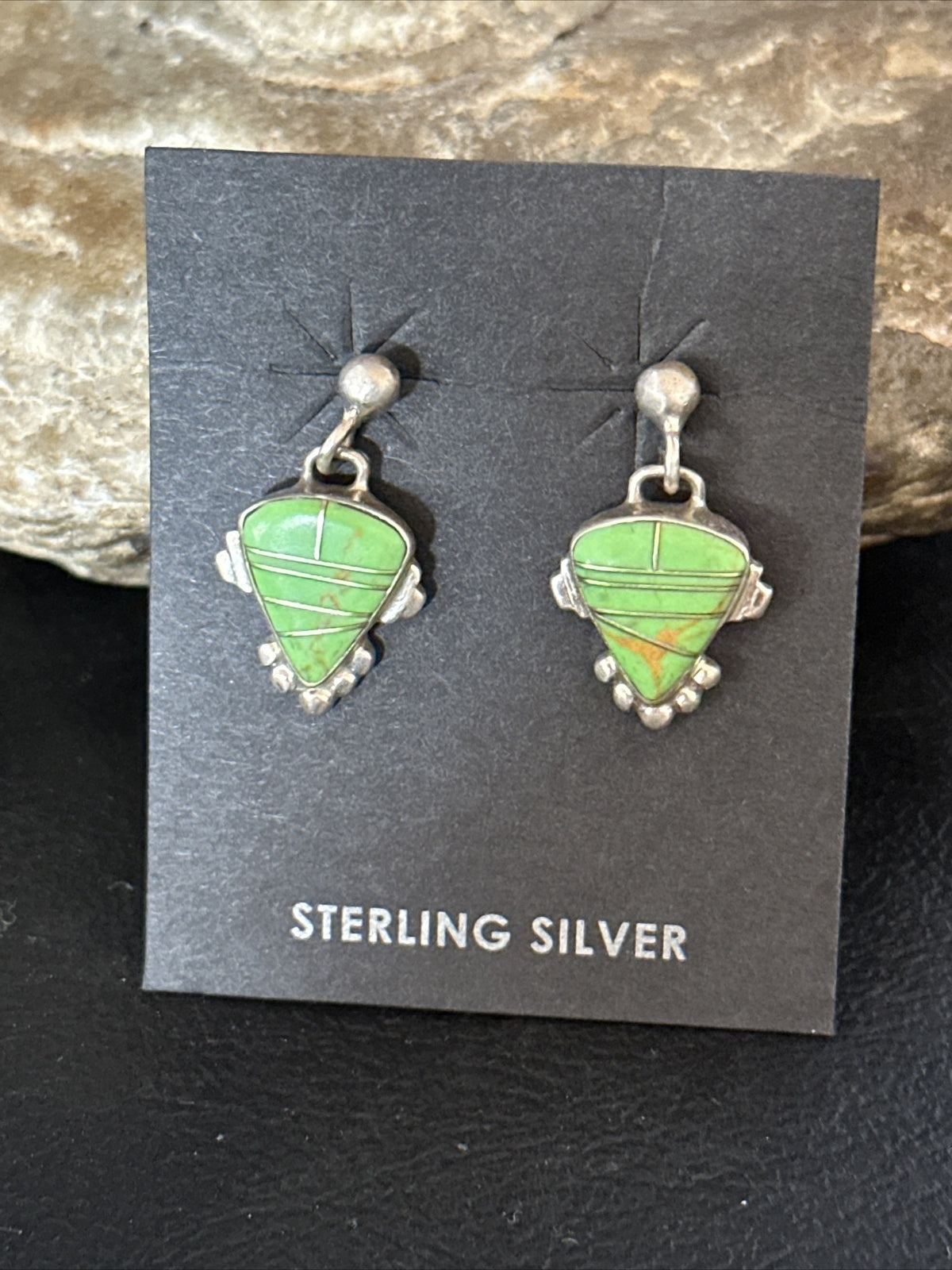 Green Gaspeite Navajo Sterling Silver Inlay 1" Earrings 14779