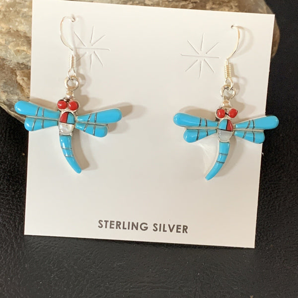 Dragonfly Blue Turquoise Coral MOP Inlay Earrings 1" | Sterling Silver | Authentic Native American Handmade | 13318