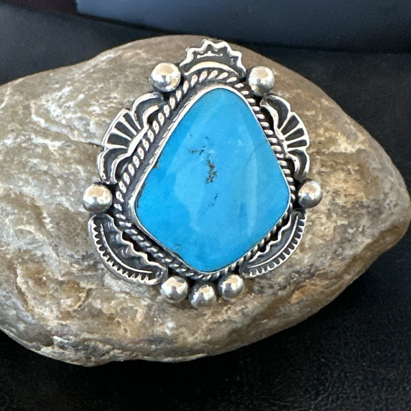 Handmade Navajo Blue Kingman Turquoise Ring Size 9.75 | Sterling Silver | Authentic Native American Handmade | 19622