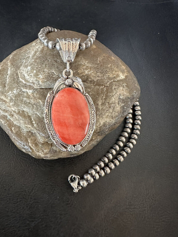 Women's Red Spiny Oyster Pendant Navajo Necklace | Sterling Silver | Authentic Native American Handmade | 18364