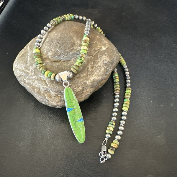 Women's Green Gaspeite Turquoise Opal Pendant Necklace | Sterling Silver | Authentic Native American Handmade | 19549