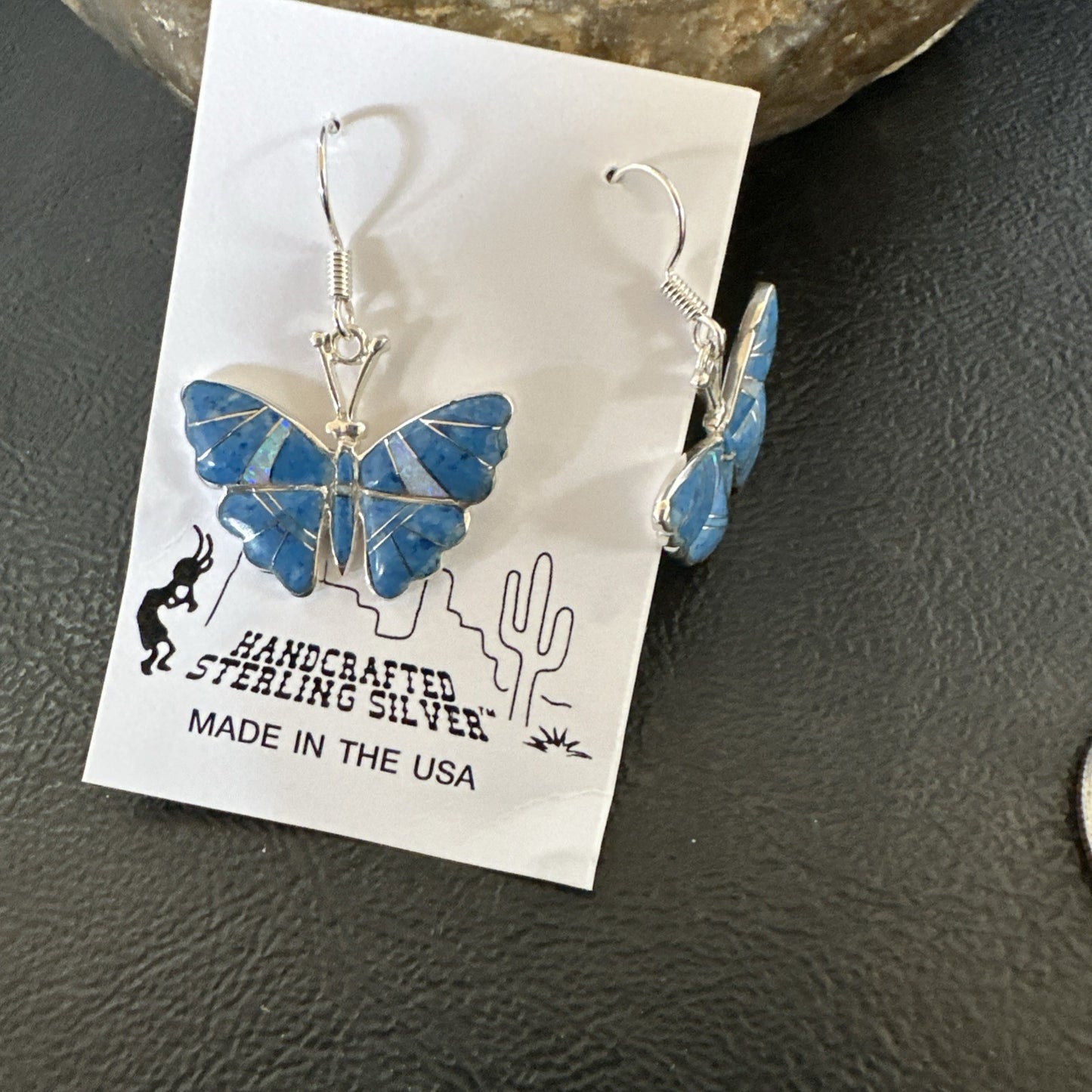 Butterfly Blue Denim Lapis Opal Inlay Sterling Silver Dangle Earrings 19138