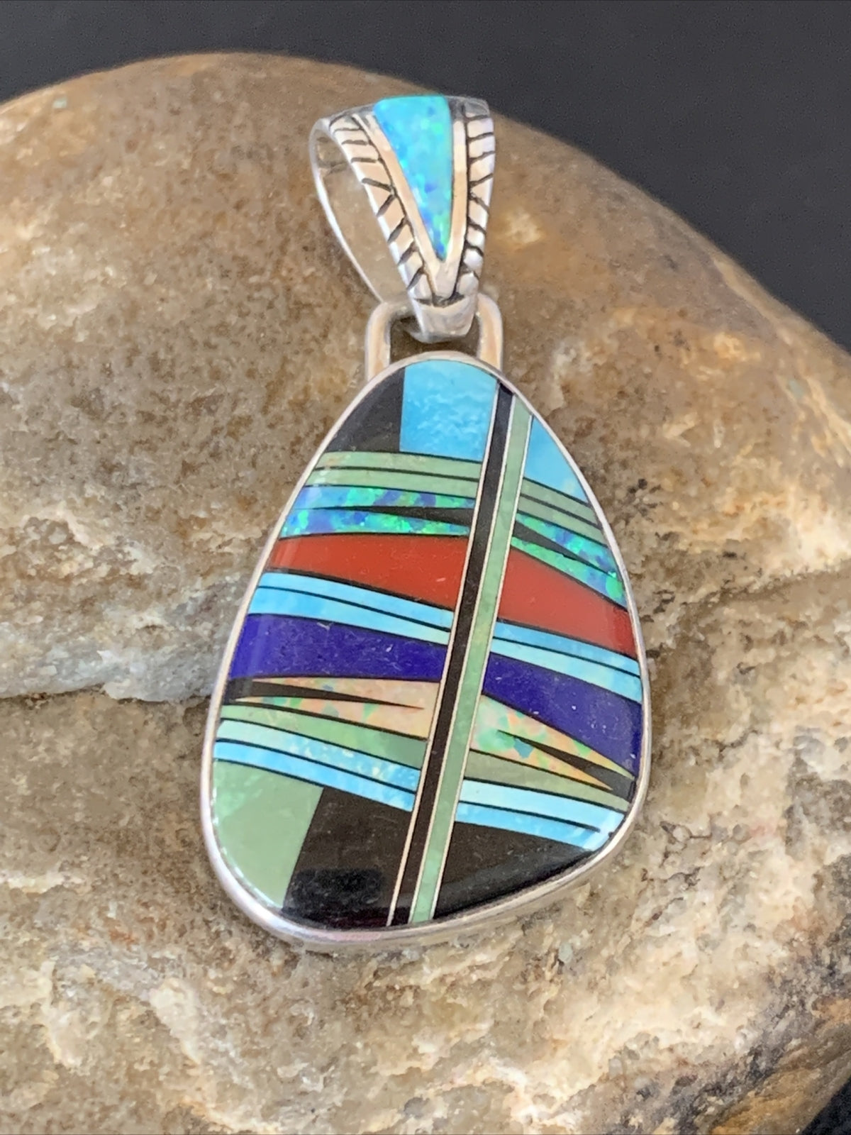 Womens Turquoise Coral & Opal Navajo Sterling Silver Inlay Pendant 12494