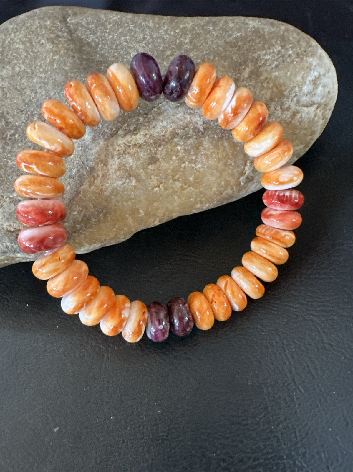 Orange Purple Spiny Oyster 12mm Bead Navajo Stretch Bracelet 19252