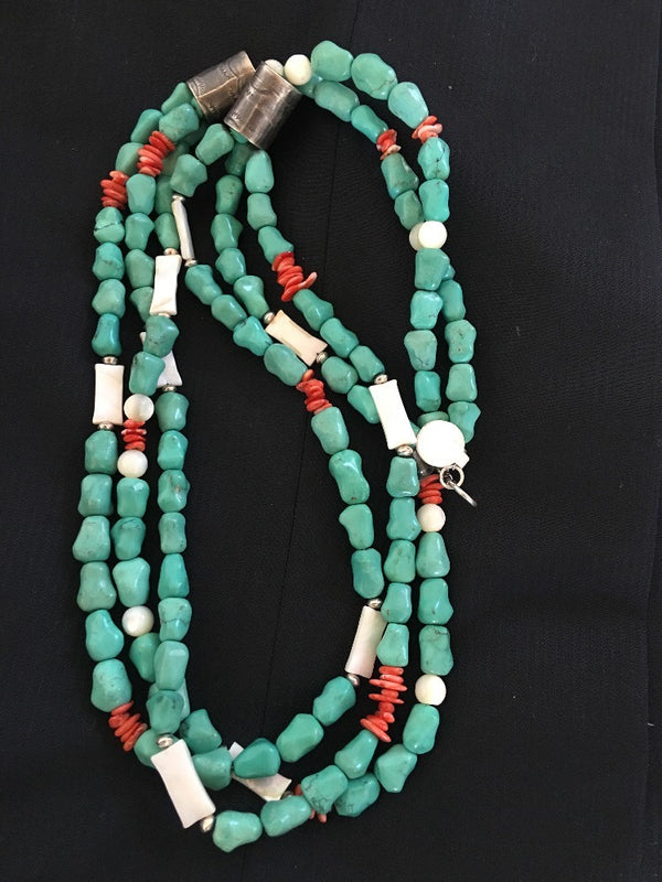 Turquoise, Mother Of Pearl, Spiny 3 Strands Navajo Silver Necklace | Sterling Silver | Authentic Native American Handmade | 03262