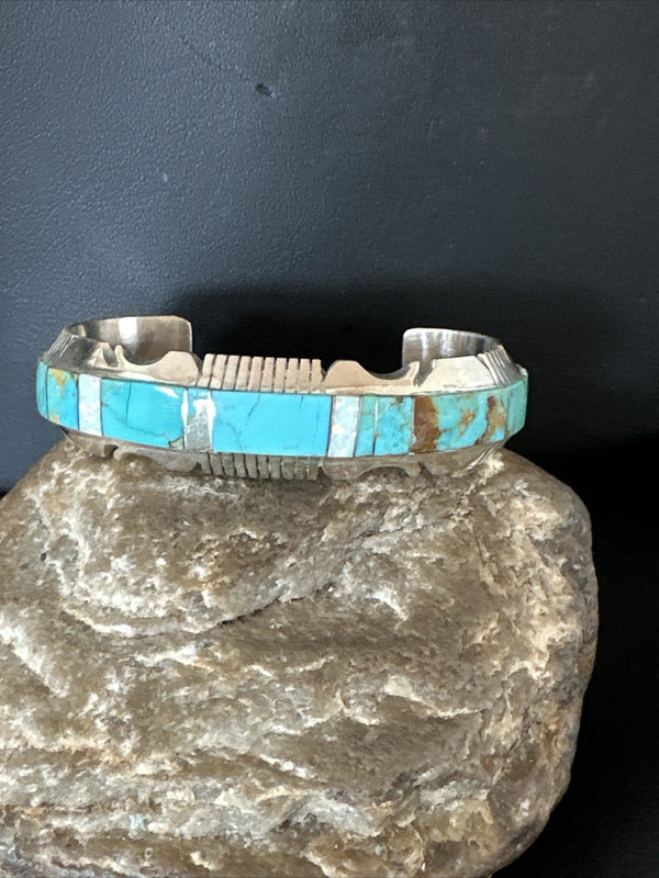 Blue Turquoise Opal Navajo Cuff Inlay Bracelet | Sterling Silver | Authentic Native American Handmade | 17957