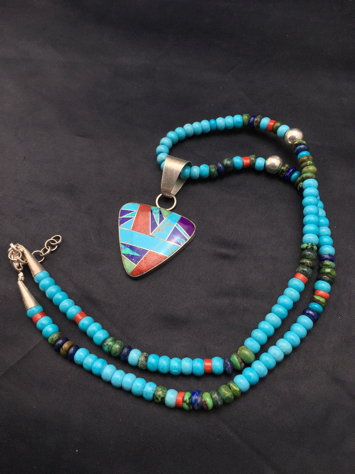 Blue Turquoise Pendant Navajo Sterling Silver Necklace 21" 4277