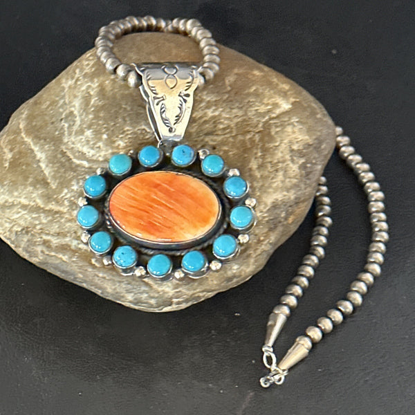Blue Cluster Kingman Turquoise Orange Spiny Oyster Pendant | Sterling Silver | Authentic Native American Handmade | 14353