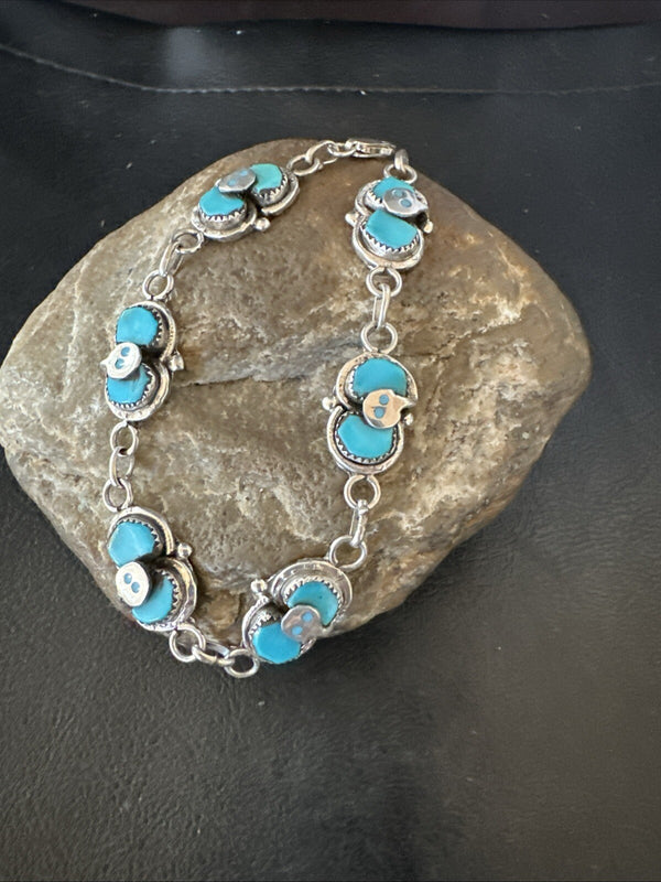 ZUNI Blue Kingman Turquoise Snake Bracelet | Sterling Silver | Authentic Native American Handmade | 18687