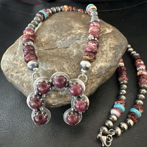 Purple Spiny Oyster Naja Pendant Turquoise Navajo Necklace | Sterling Silver | Authentic Native American Handmade | 18848