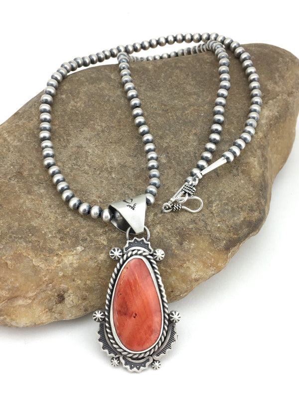 Orange Spiny Oyster Pendant Navajo Pearls Necklace | Sterling Silver | Authentic Native American Handmade | 1296