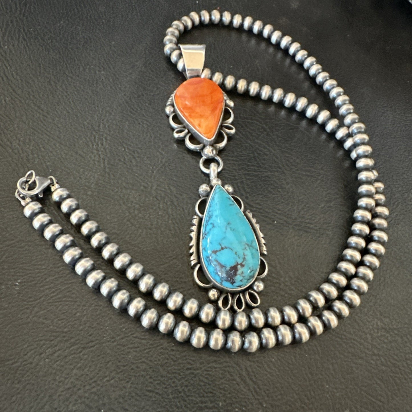 Multicolor Turquoise Spiny Navajo Sterling Silver Cluster Pendant Necklace 19558
