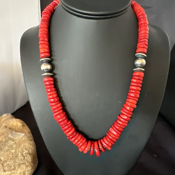 Red Bamboo Coral Navajo Bead Necklace 19" | Sterling Silver | Authentic Native American Handmade | 19227