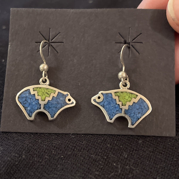 Blue Lapis Green Turquoise Bear Inlay Earrings 0.25" | Sterling Silver | Authentic Native American Handmade | 01510