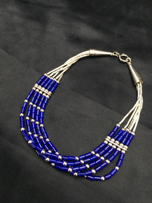 Blue Lapis Heishi 5 Strand Southwestern Liquid Sterling Silver Bracelet 7" 12638