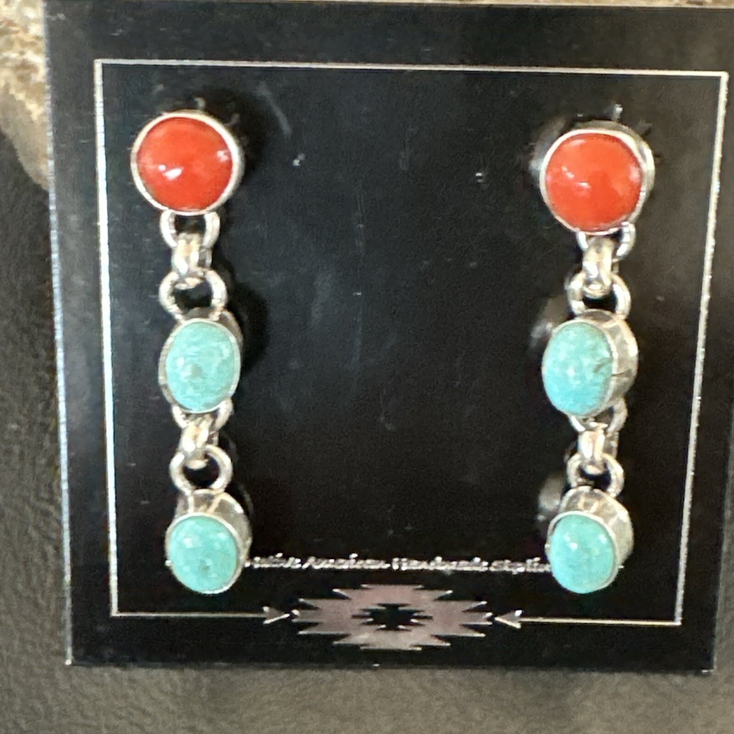 Blue Turquoise Red Spiny MultiColor Navajo Sterling Silver Inlay Earrings 18355