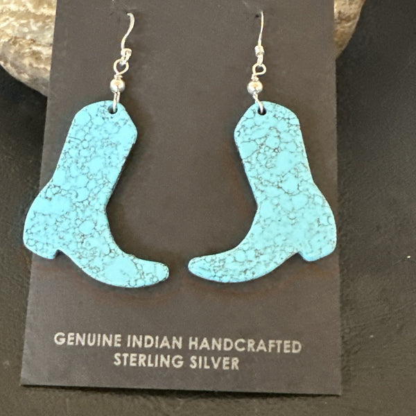 Western Cowboy Boots Navajo Slab Blue Turquoise Earrings | Sterling Silver | Authentic Native American Handmade | 17875