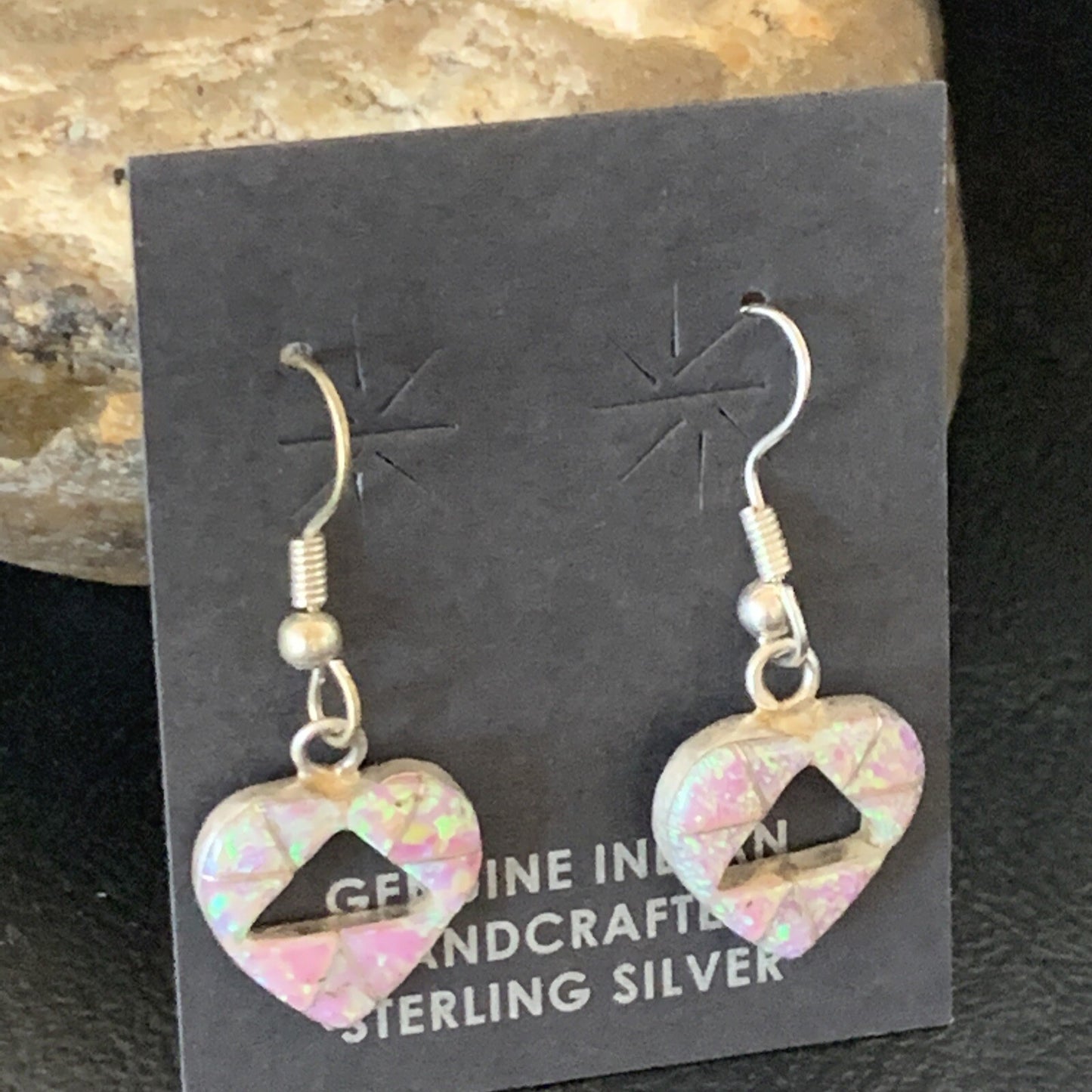 Womens Pink Opal Heart Inlay Navajo Sterling Silver Dangle Drop Earrings 12763