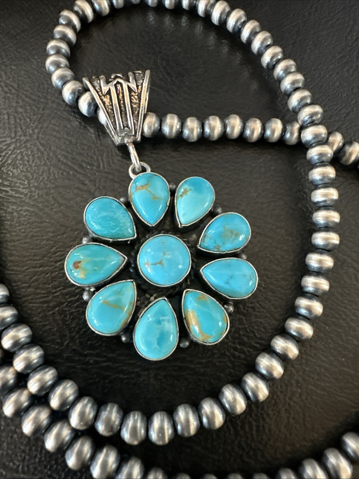 Blue Turquoise Navajo Sterling Silver Cluster Round Pendant Necklace 2”19303