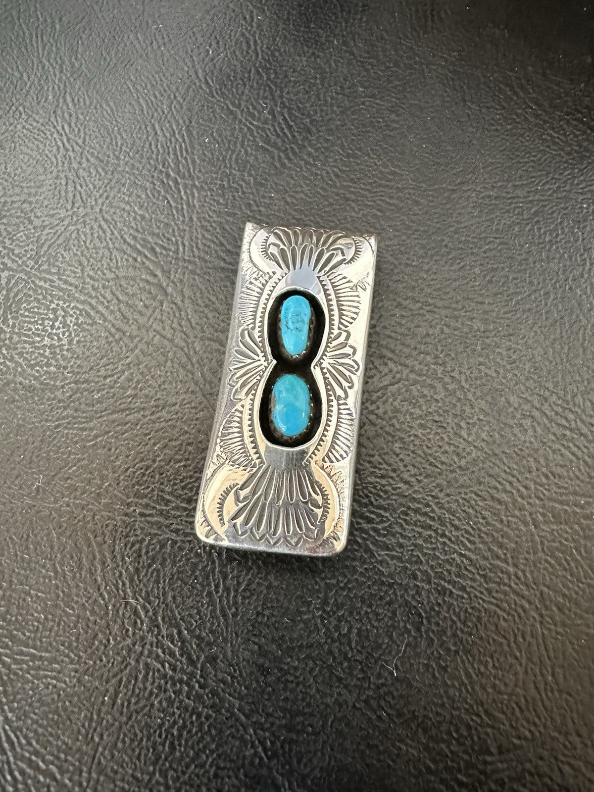 Mens Blue Turquoise Navajo Stainless Stamped Silver Money Clip 19366