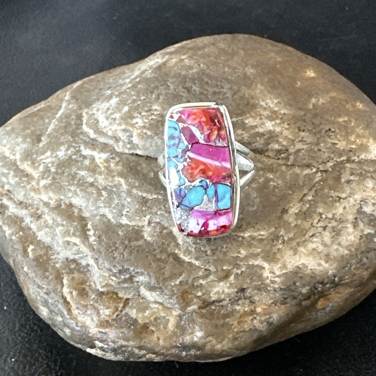 Blue Turquoise Spiny Oyster Southwestern Sterling Silver Ring Size 7 18492
