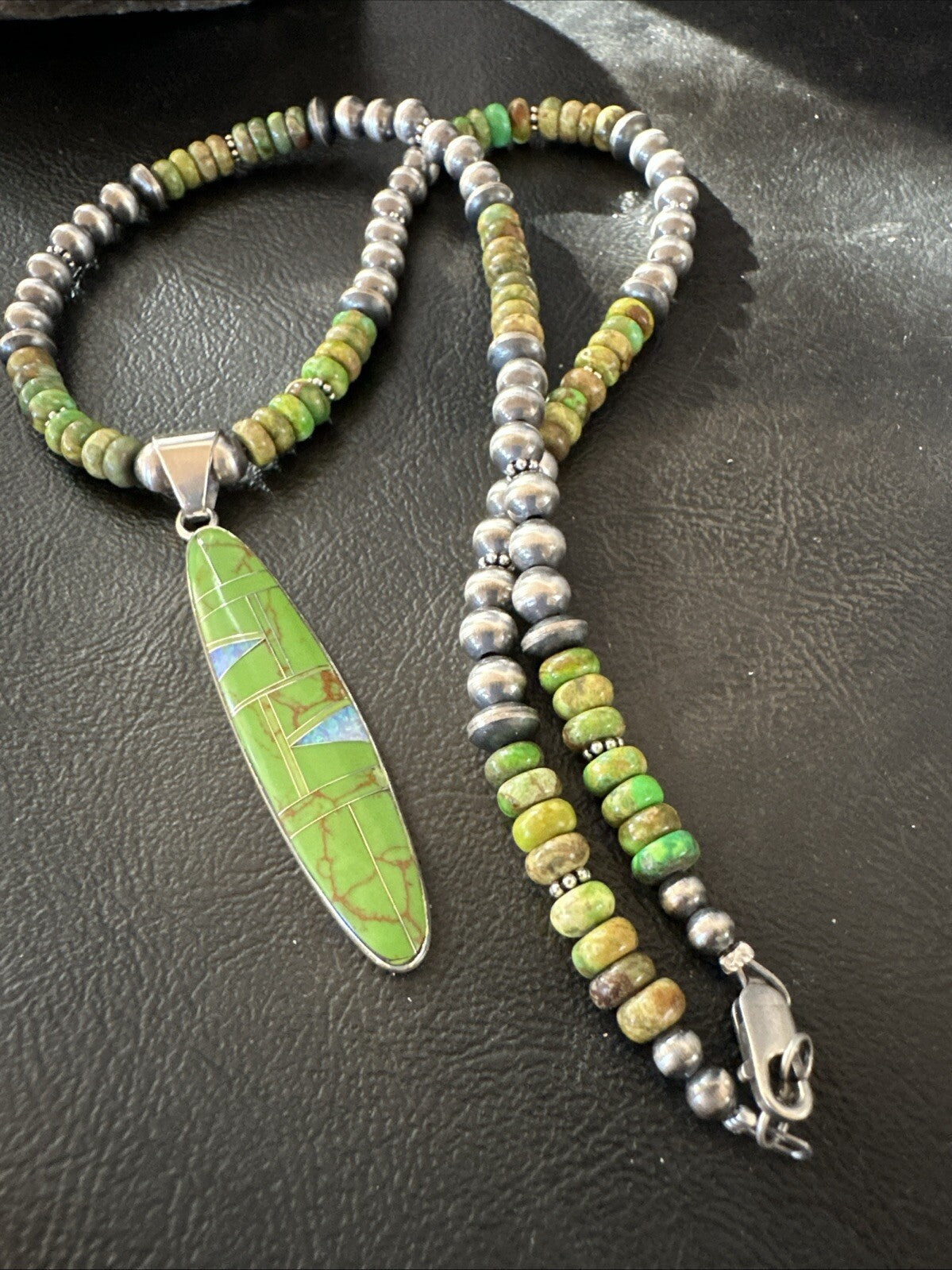 WoMens Green Gaspeite Turquoise Opal Pendant Sterling Silver Necklace 18666