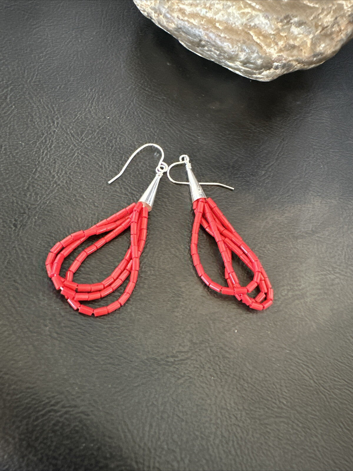 Native Red Coral Heishi 3S Tube Liquid Sterling Silver Dangle Earrings 2" 18198