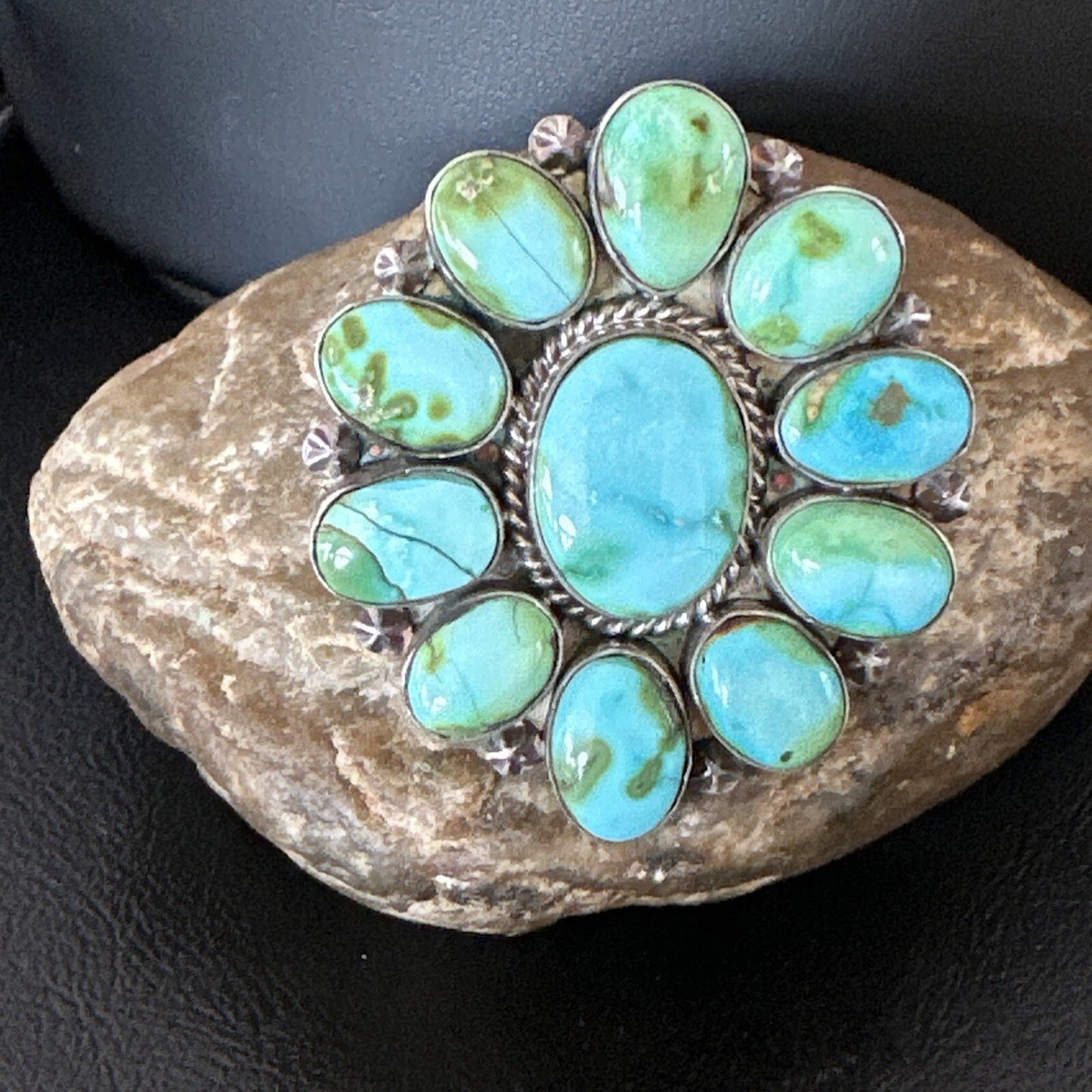 Sonoran Gold Green Turquoise Navajo Sterling Silver Cluster Ring Size 11 16033N