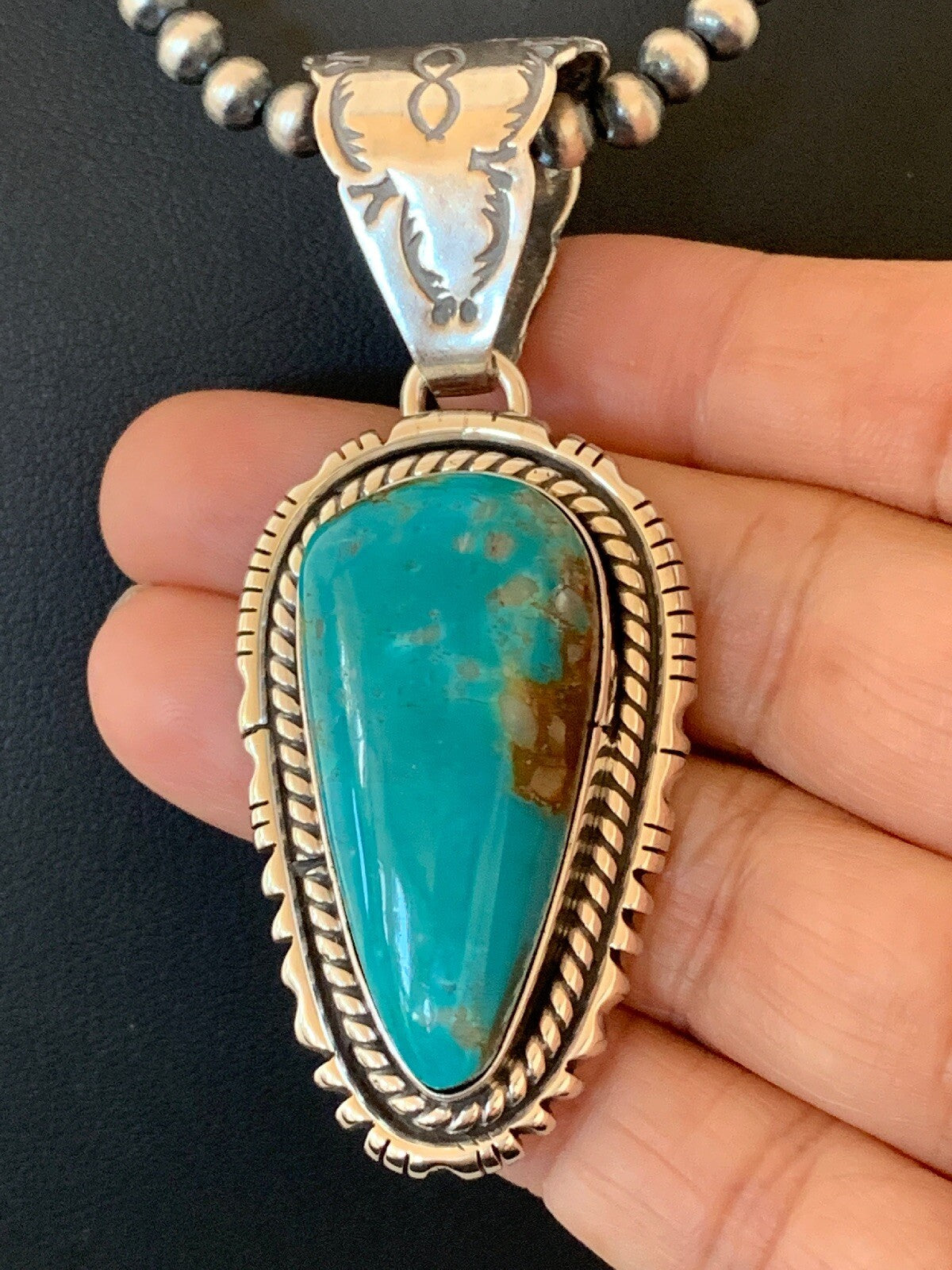 Navajo American Sterling Silver Kingman Turquoise Necklace Pendant Set 02992