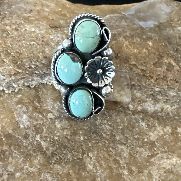Yazzie Ring Green Turquoise Navajo Cluster Size 8.5 | Sterling Silver | Authentic Native American Handmade | 19214