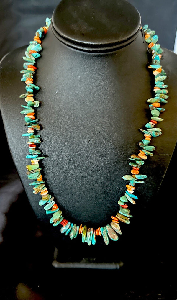 Green Turquoise Orange Spiny Oyster Nugget Necklace 22" | Sterling Silver | Authentic Native American Handmade | 18162