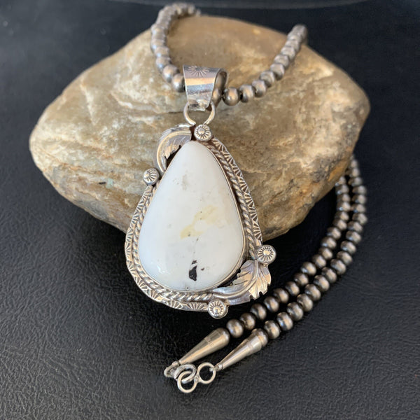 Men's White Buffalo Turquoise Pendant Beads Necklace | Sterling Silver | Authentic Native American Handmade | 19306