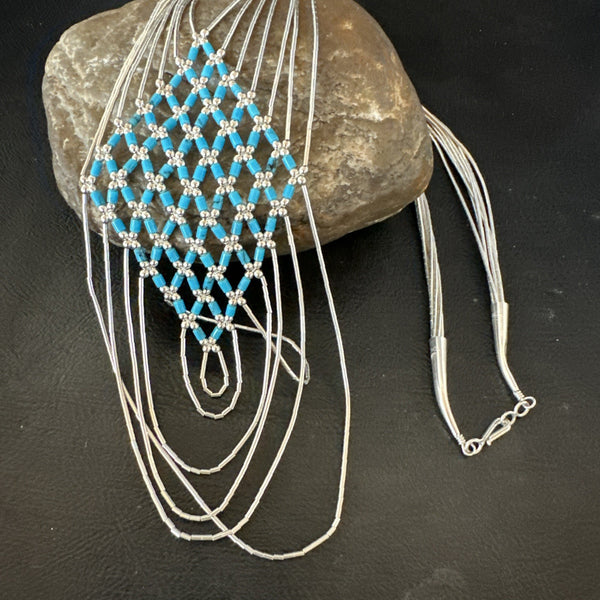 Turquoise Heishi Tubes Pendant 7 Strand Liquid Necklace | Sterling Silver | Authentic Native American Handmade | 19748