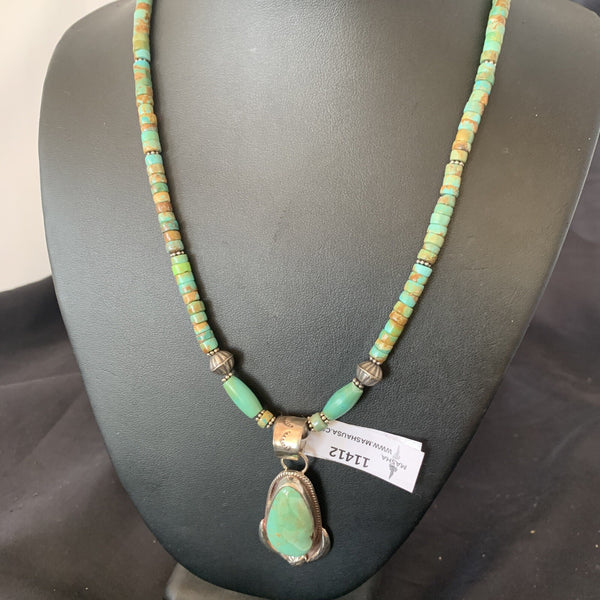 Green Turquoise Pendant Navajo Pearls Necklace | Sterling Silver | Authentic Native American Handmade | 11412