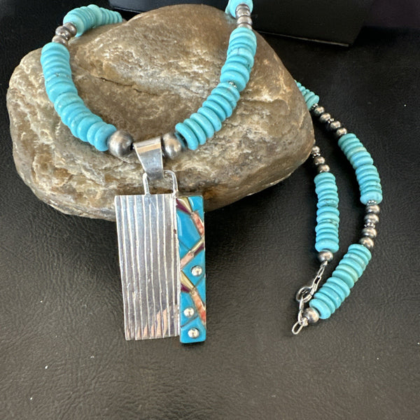 Blue Turquoise Inlay Pendant Navajo Necklace 20" | Sterling Silver | Authentic Native American Handmade | 19711