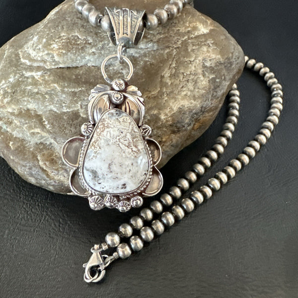 White Buffalo Turquoise Pendant Beads Necklace | Sterling Silver | Authentic Native American Handmade | 17986
