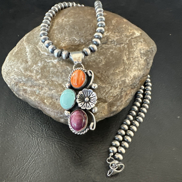 Multicolor Turquoise Spiny Navajo Cluster Pendant Necklace | Sterling Silver | Authentic Native American Handmade | 19311