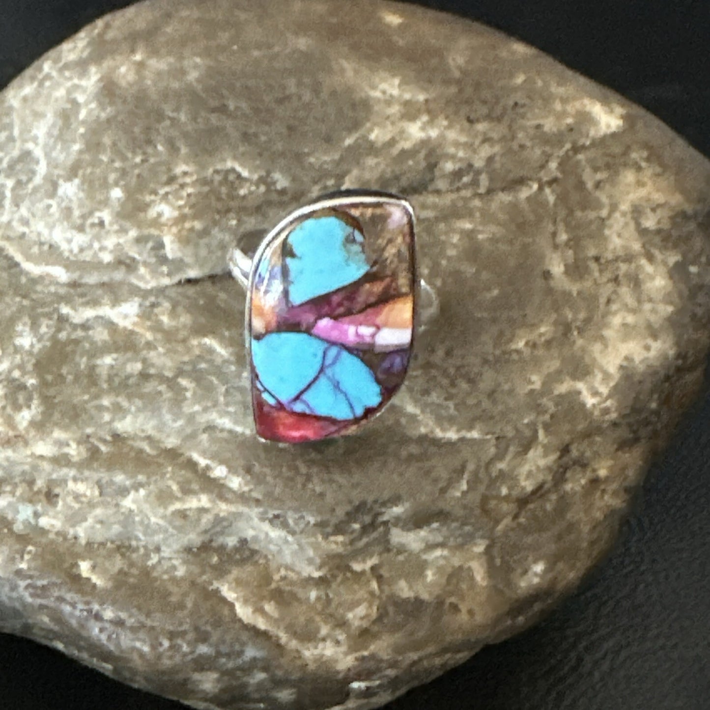 Blue Turquoise Spiny Oyster Southwestern Sterling Silver Ring Size 8 18441