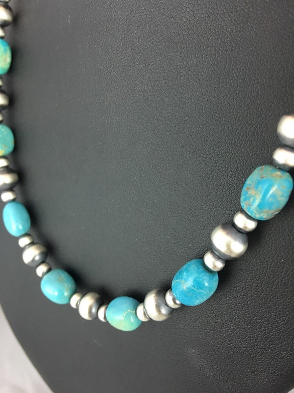 Blue Green Turquoise Necklace 18" | Sterling Silver | Authentic Native American Handmade | 10096