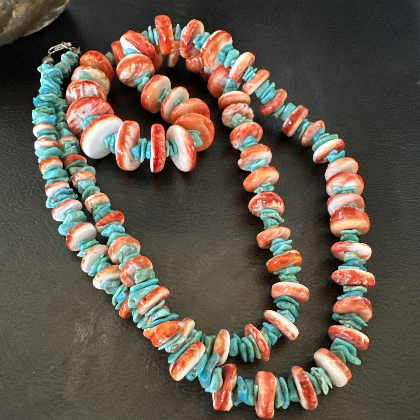 XL Red Spiny Oyster Blue Turquoise Navajo Sterling Silver Necklace 35" 18266