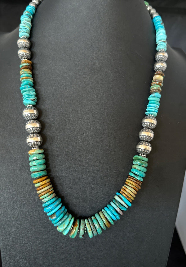 Women's Blue Green Turquoise Navajo Necklace 24" | Sterling Silver | Authentic Native American Handmade | 19493
