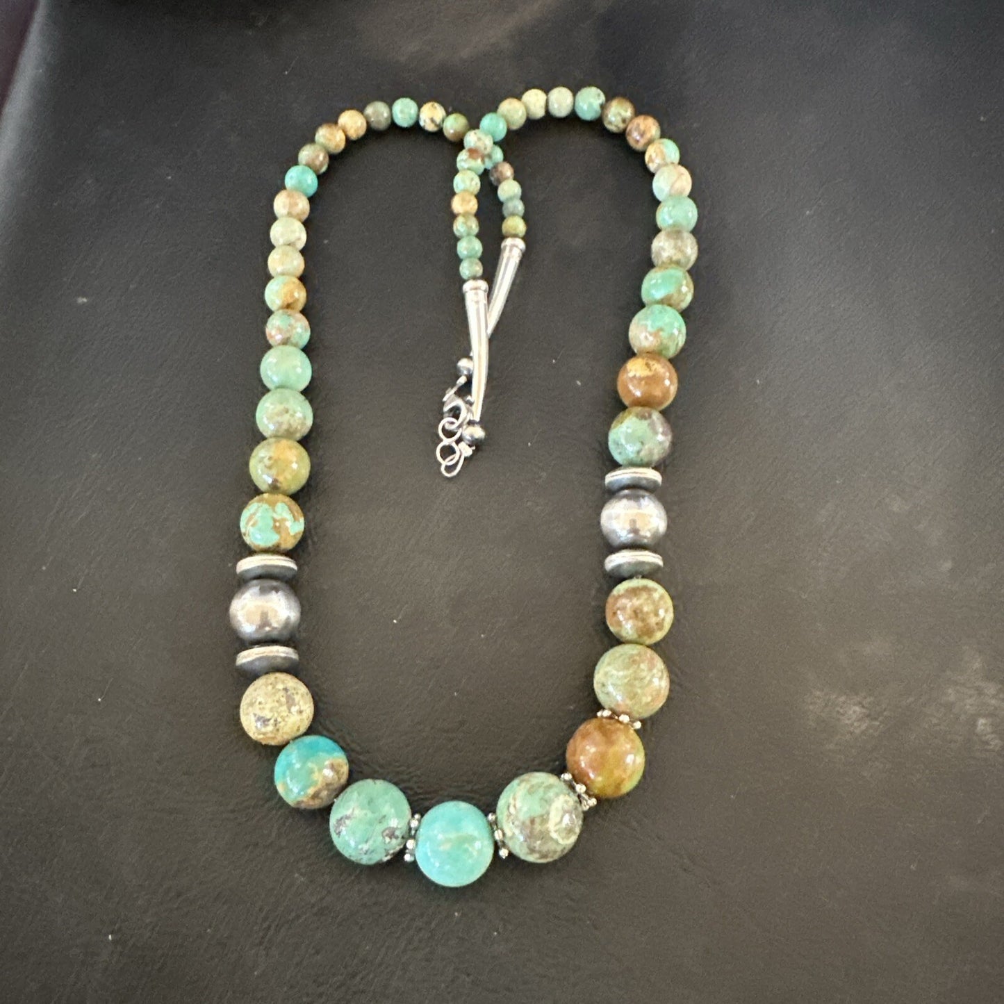 Green Turquoise Graduated Navajo Sterling Silver Necklace 21” 17782