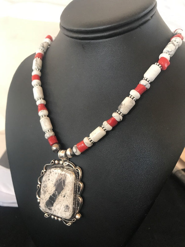 Navajo Pearls White Buffalo Turquoise Necklace Pendant 08216 XL | Sterling Silver | Authentic Native American Handmade