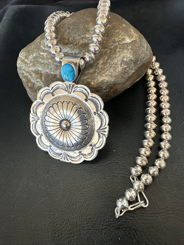 H Joe Navajo Sterling Silver Pendant Blue Kingman Turquoise Necklace 25”19443
