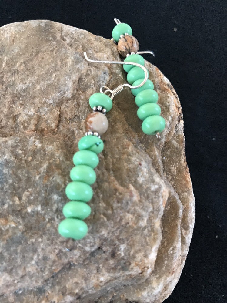 Native Navajo Sterling Silver Green Malachite Picture Jasper Earrings 10098