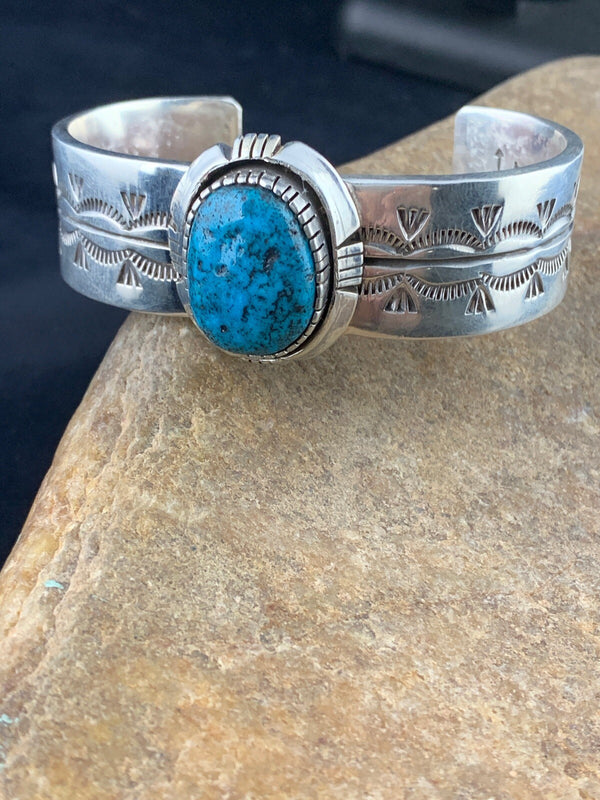 Men's Blue Turquoise Navajo Bracelet | Sterling Silver | Authentic Native American Handmade | 03284