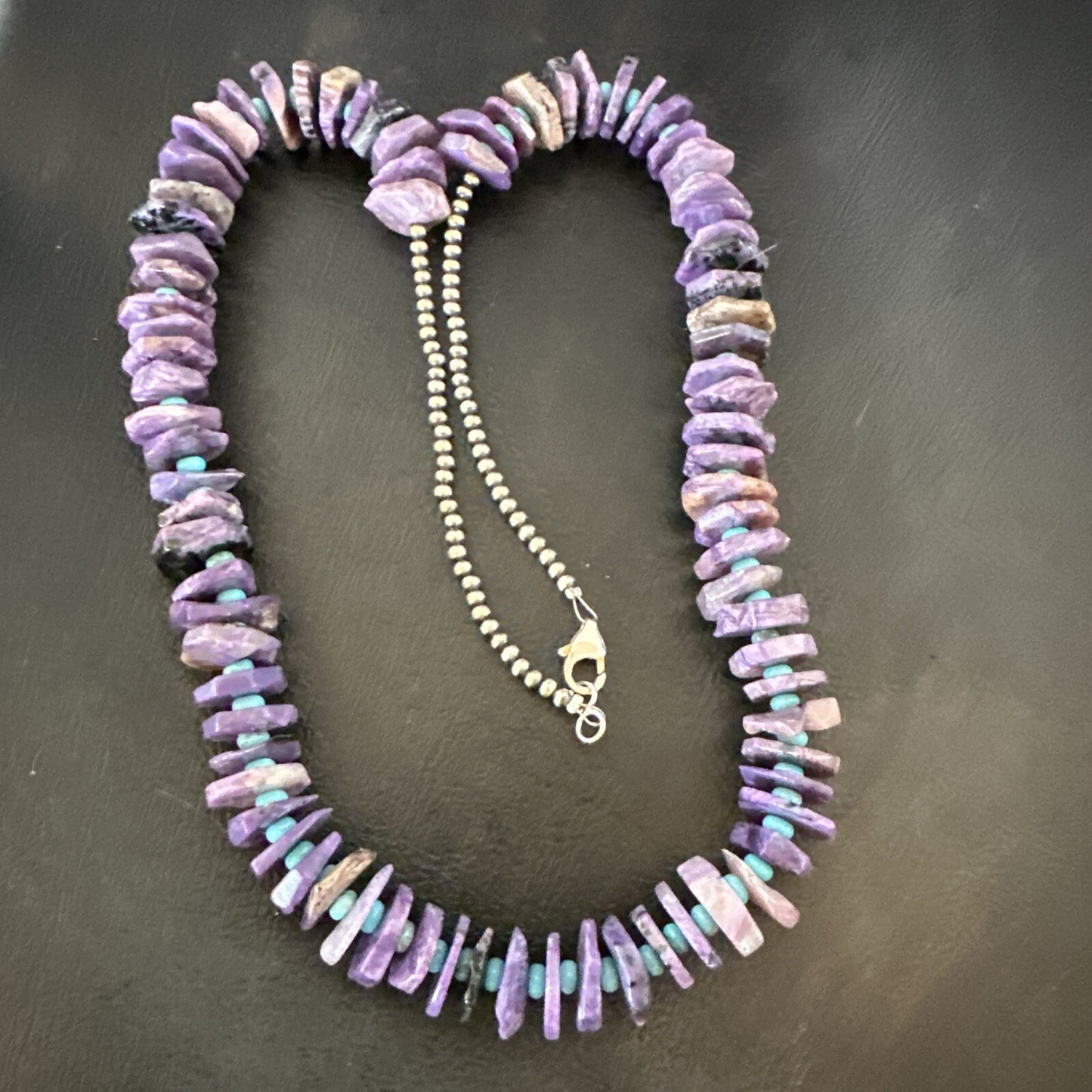 Popular Purple Charoite Blue Turquoise Navajo Sterling Silver Necklace 24” 18055